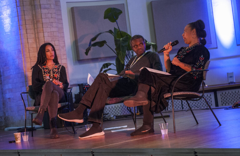 Panel discussion with folk artists Angeline Morrison (left), Lady Nade (right) and our Co-Founder and Director of Operations, Roger Wilson (middle).