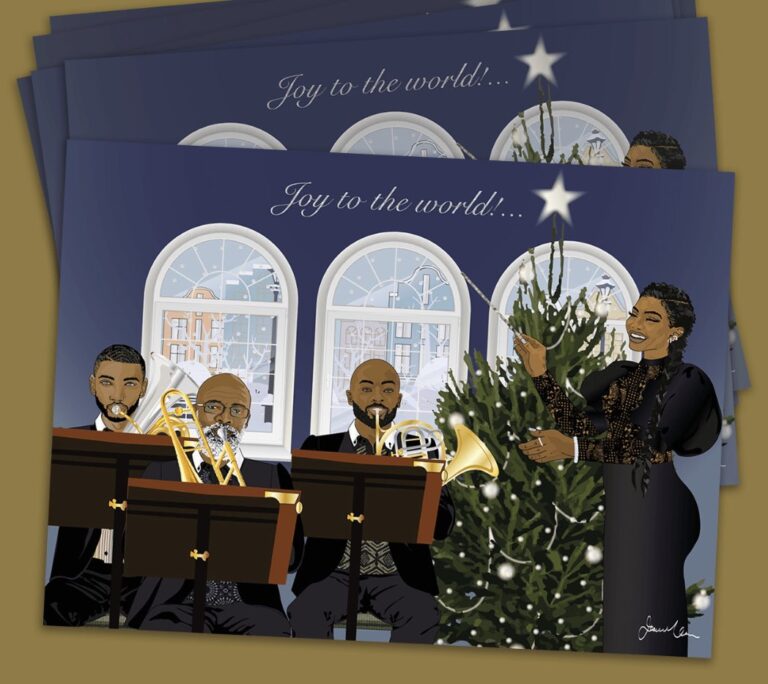 Illustration of one of our Christmas cards depicting a group of Black musicians playing instruments by a Christmas tree. Title: Joy to the world!